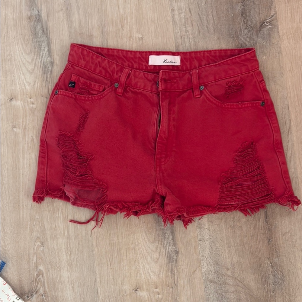 KanCan Red Distressed Jean Shorts High-Waisted Frayed